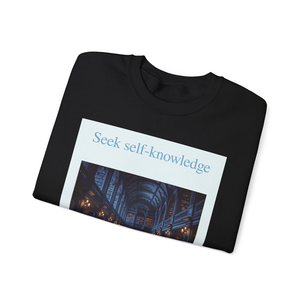 Crewneck Sweatshirt — "Seek Self-Knowledge" Library Photo Graphic