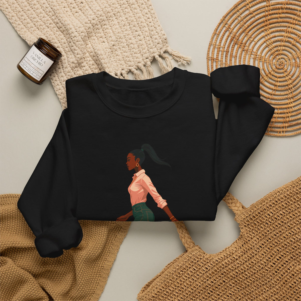 Crewneck Sweatshirt — Chic Walking Woman Graphic, Casual Everyday Pullover
