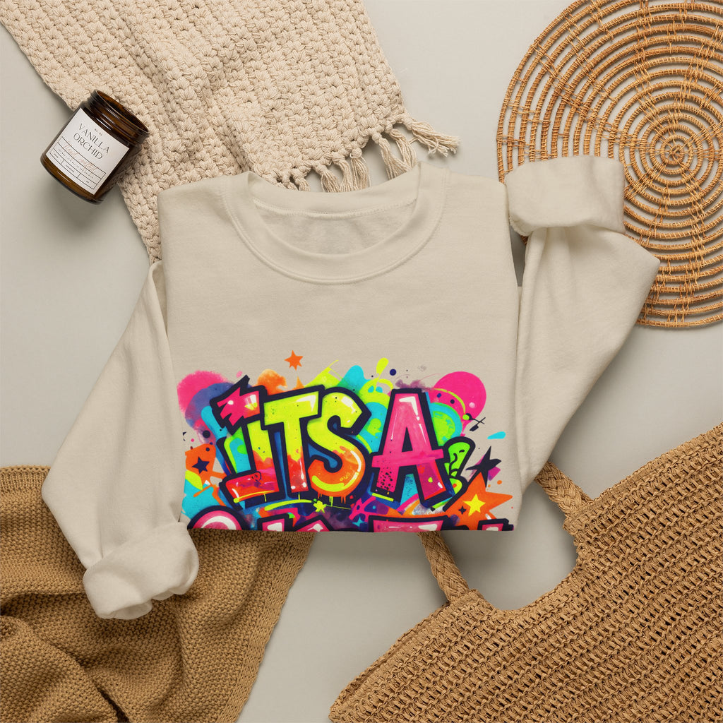 Crewneck Sweatshirt — Colorful "It's A Celebration" Graffiti Design