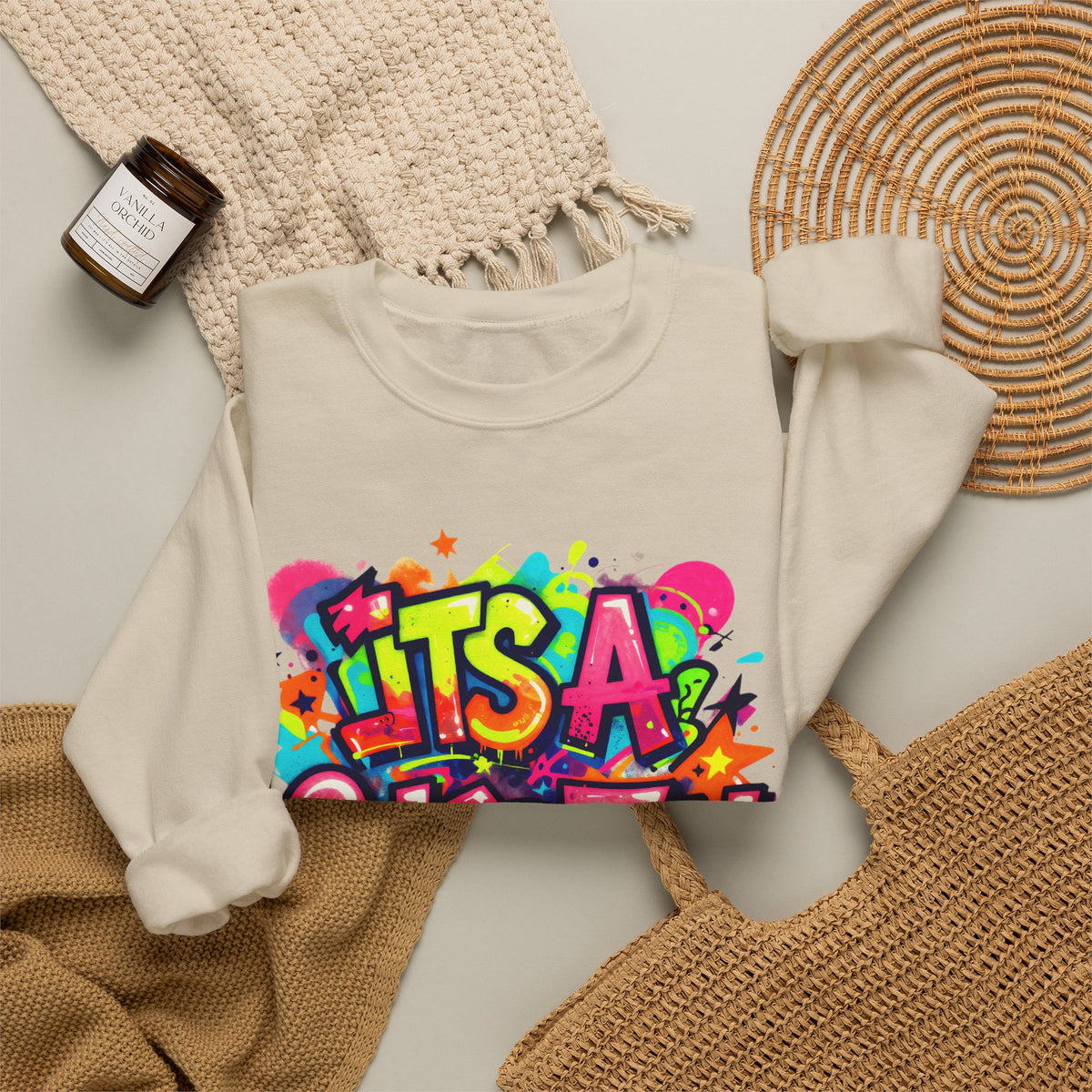 Crewneck Sweatshirt — Colorful "It's A Celebration" Graffiti Design
