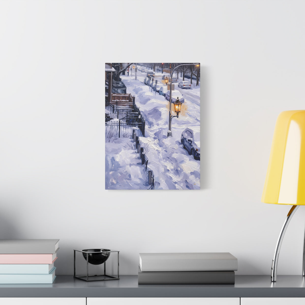 Winter Passage – Snowy Street Stretched Canvas Wall Art