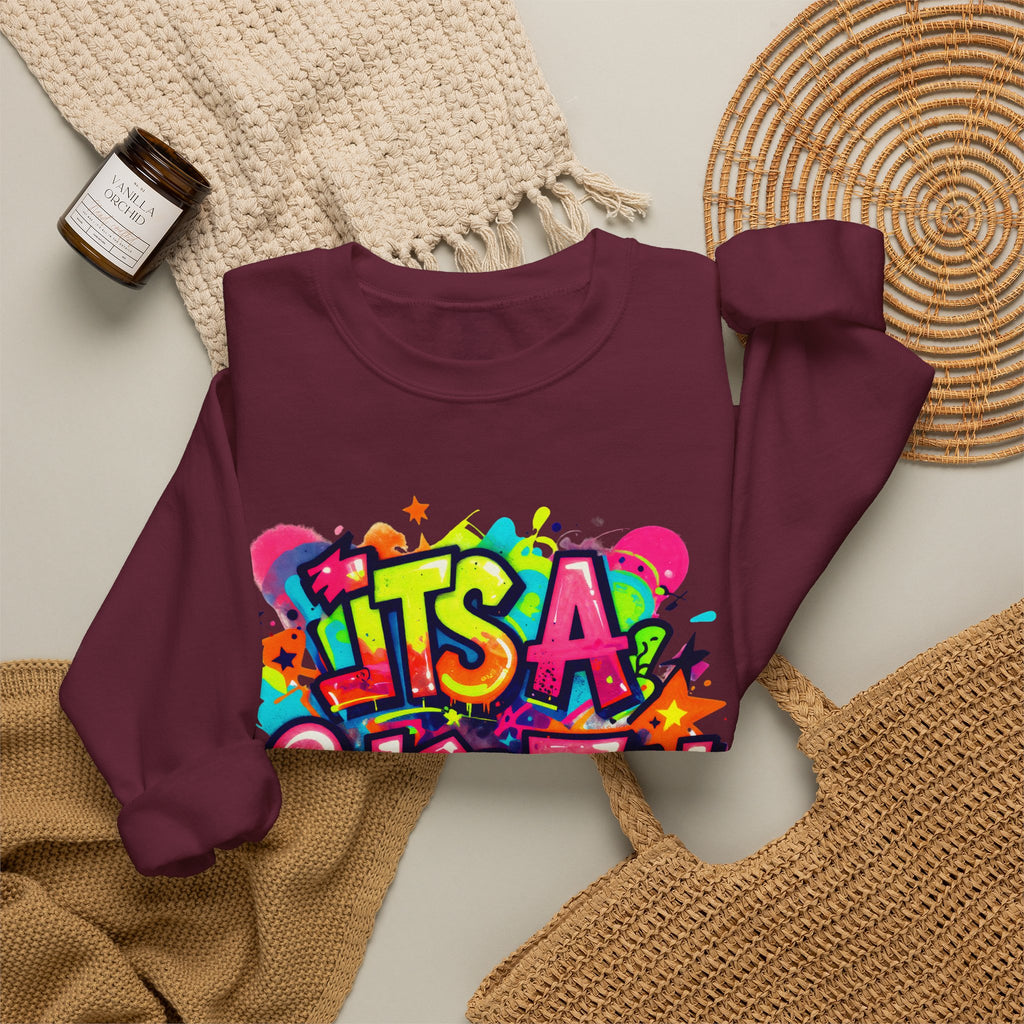 Crewneck Sweatshirt — Colorful "It's A Celebration" Graffiti Design
