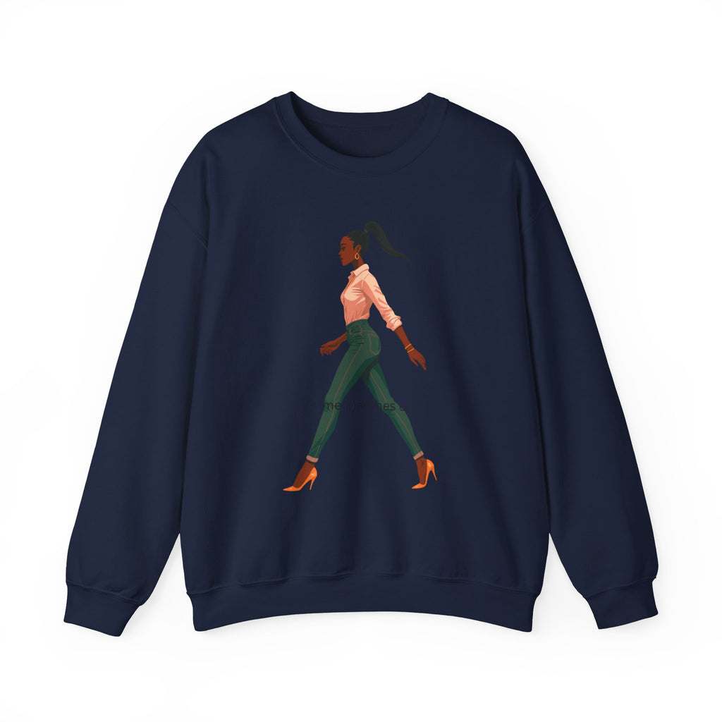 Crewneck Sweatshirt — Chic Walking Woman Graphic, Casual Everyday Pullover