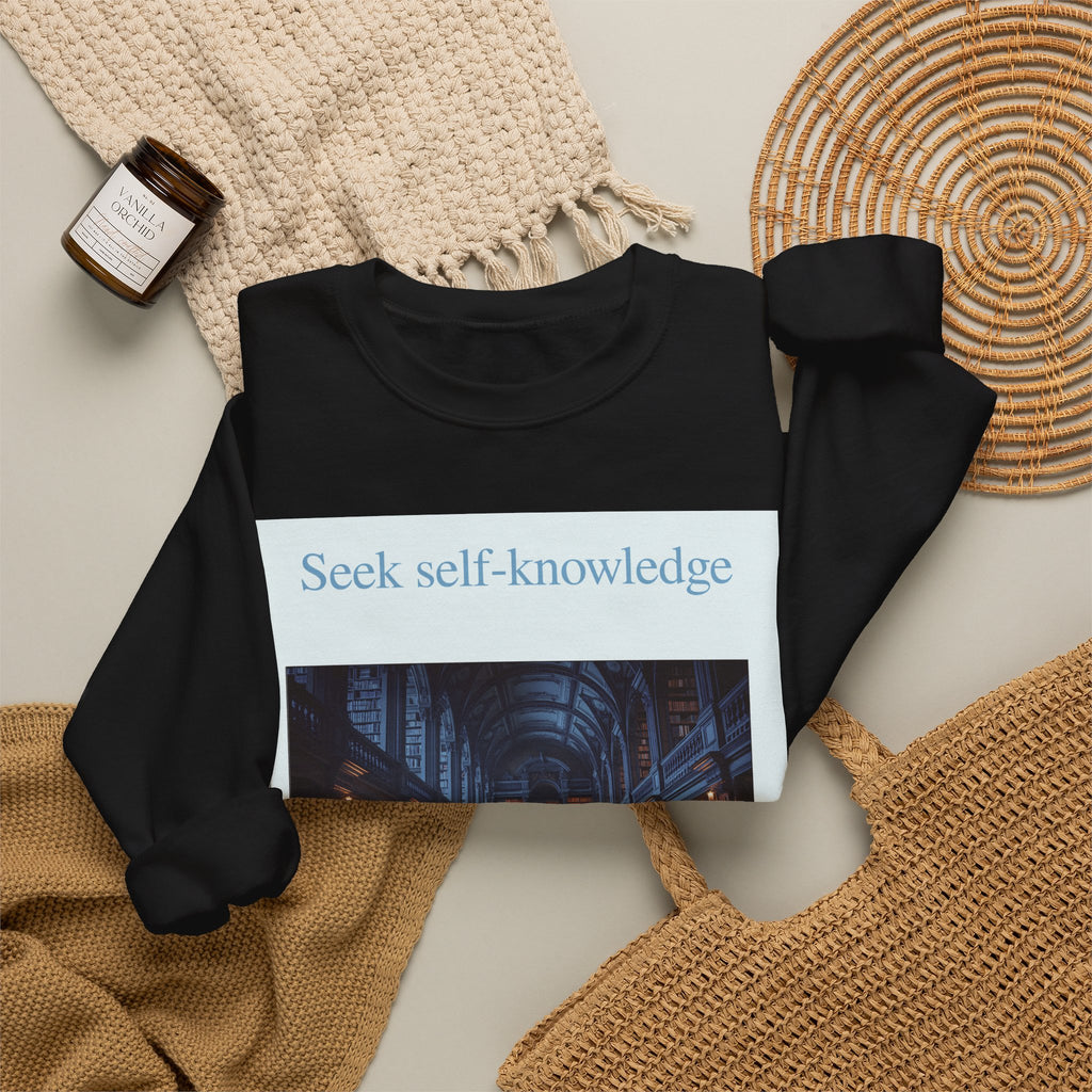 Crewneck Sweatshirt — "Seek Self-Knowledge" Library Photo Graphic