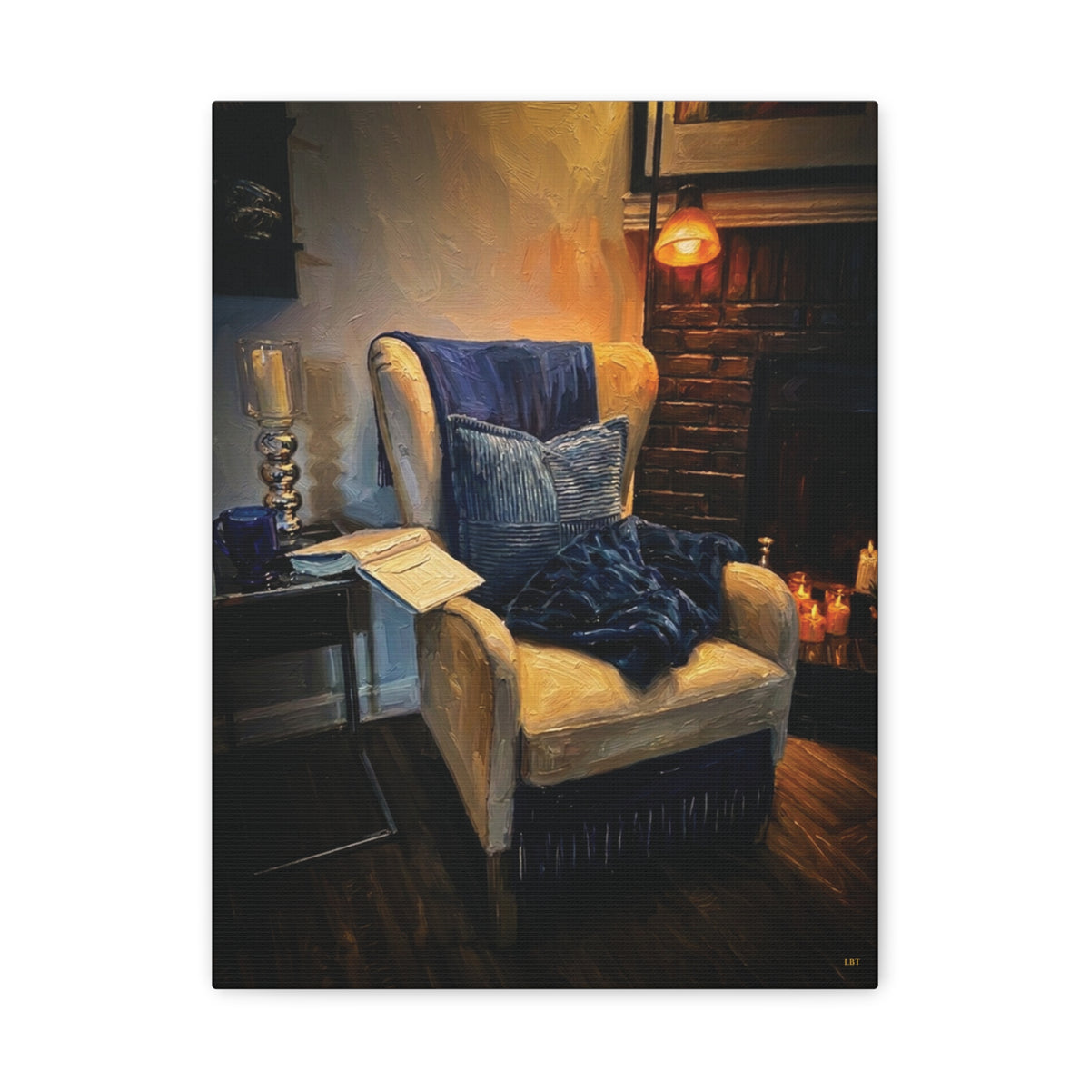 Fireside Retreat – Cozy Reading Nook Stretched Canvas Wall Art