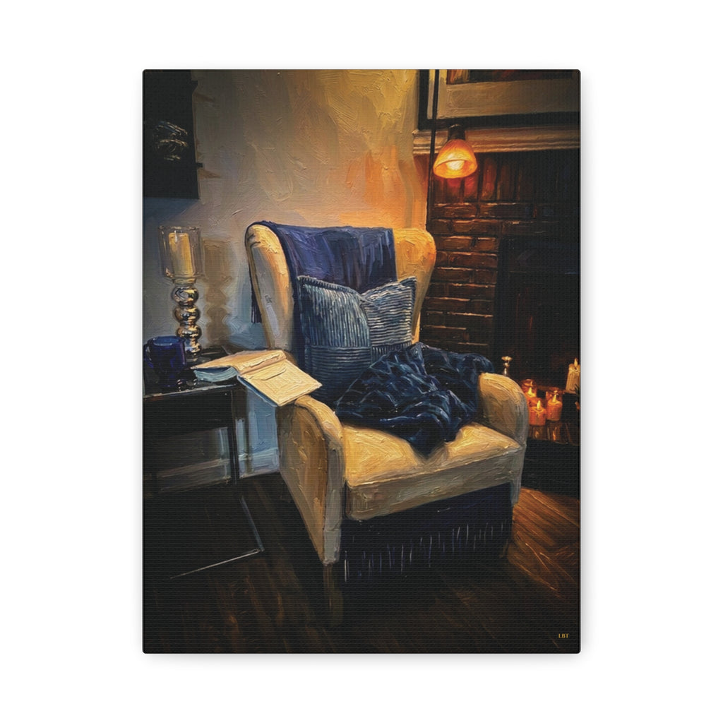 Fireside Retreat – Cozy Reading Nook Stretched Canvas Wall Art