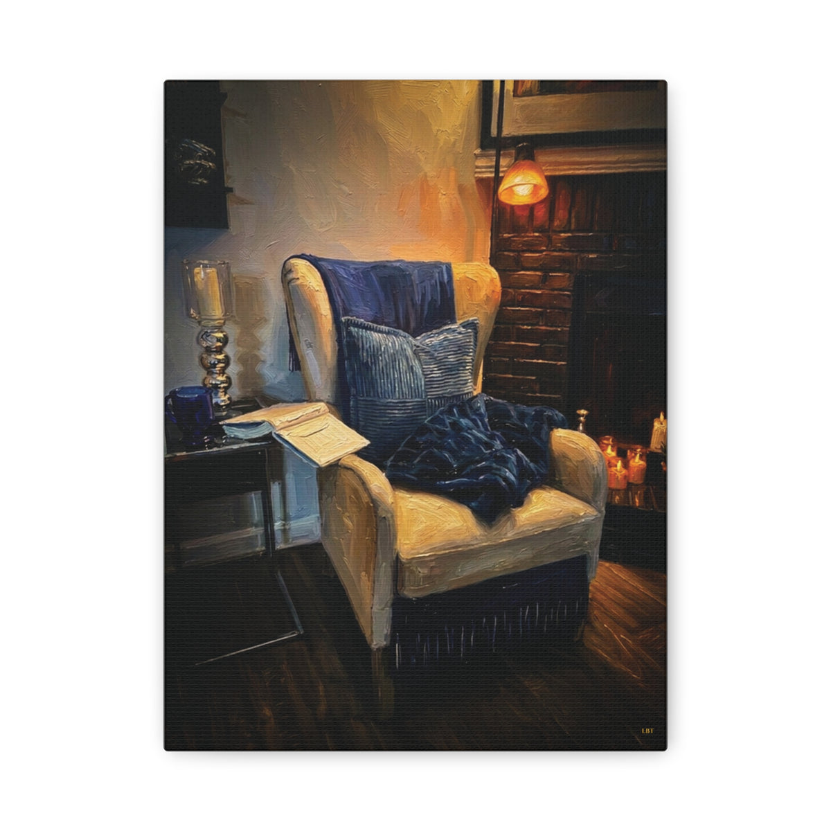 Fireside Retreat – Cozy Reading Nook Stretched Canvas Wall Art