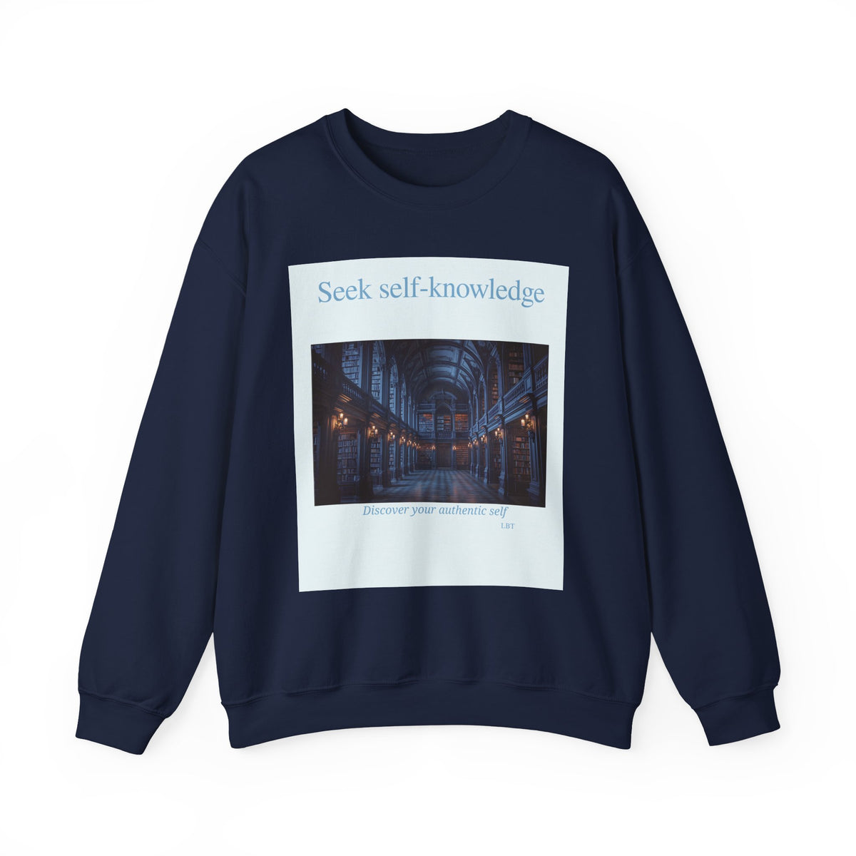 Crewneck Sweatshirt — "Seek Self-Knowledge" Library Photo Graphic