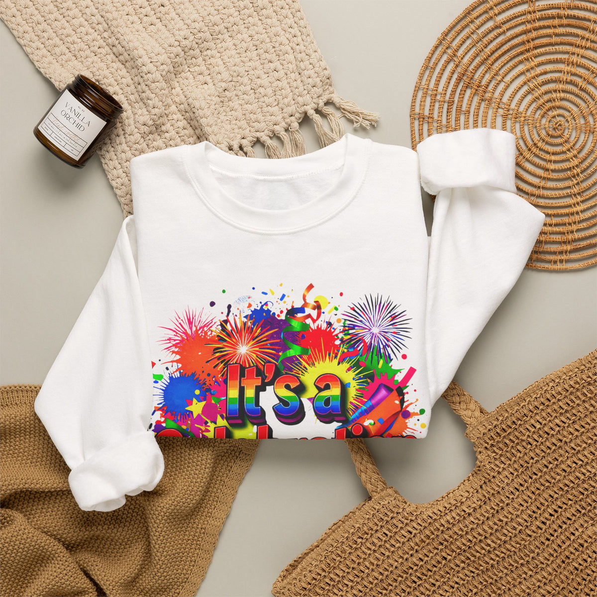 Celebration Crewneck Sweatshirt — "It's a Celebration" Colorful Party Graphic