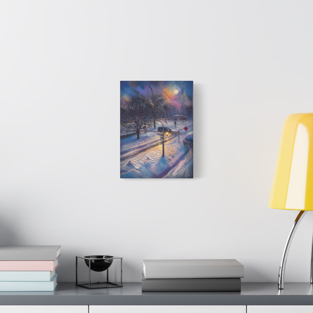 Moonlit Crossing – Snowy Street Stretched Canvas Wall Art