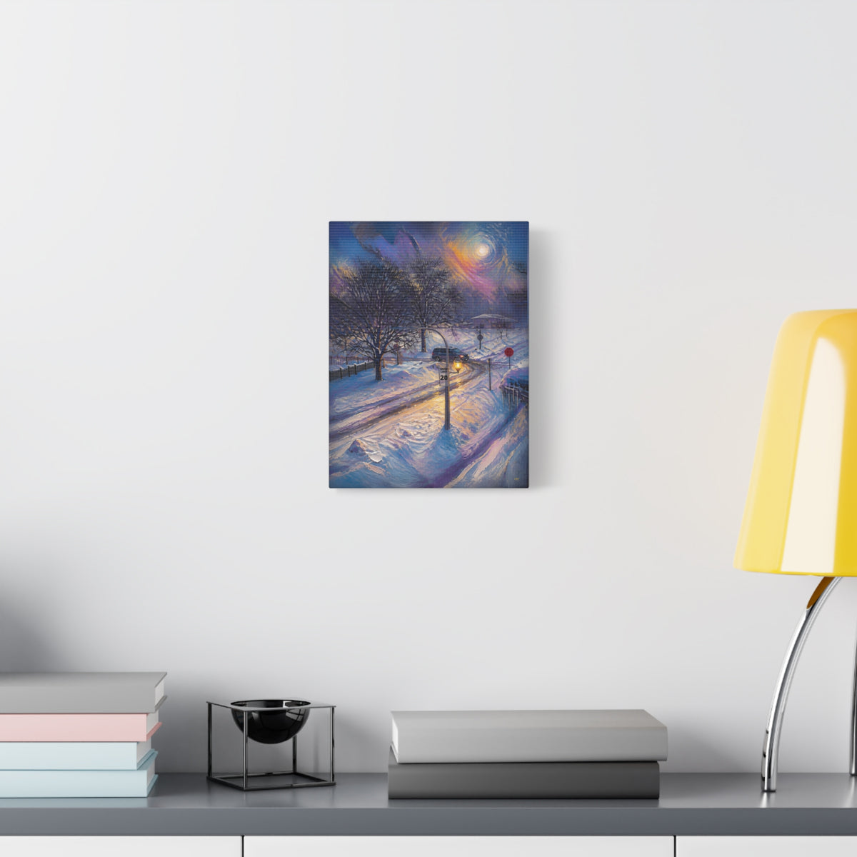 Moonlit Crossing – Snowy Street Stretched Canvas Wall Art