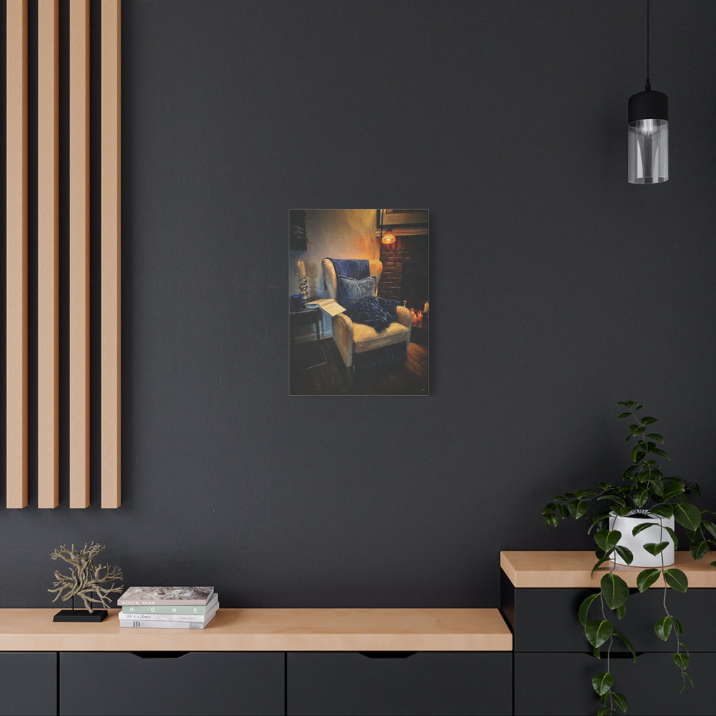 Fireside Retreat – Cozy Reading Nook Stretched Canvas Wall Art