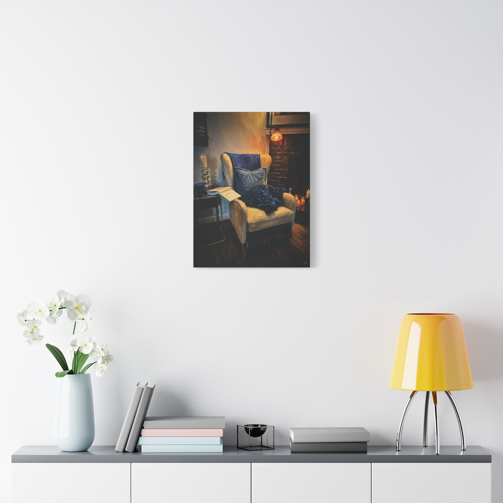 Fireside Retreat – Cozy Reading Nook Stretched Canvas Wall Art