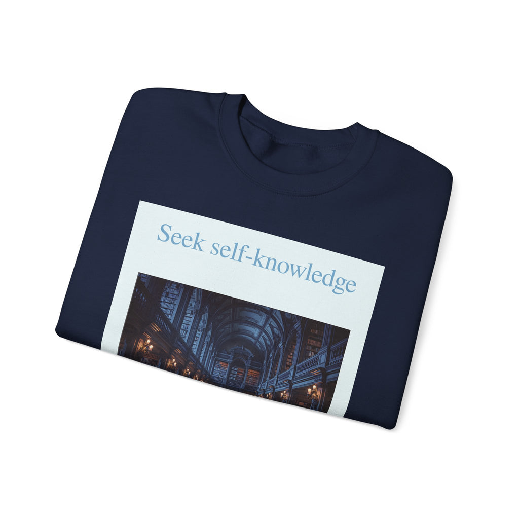 Crewneck Sweatshirt — "Seek Self-Knowledge" Library Photo Graphic