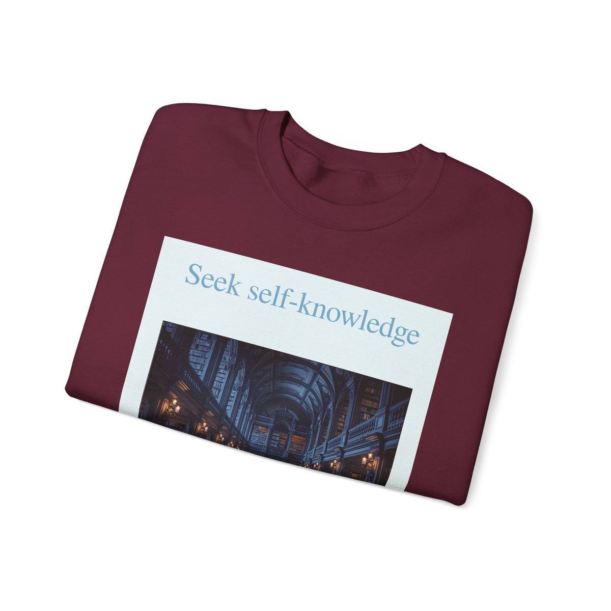 Crewneck Sweatshirt — "Seek Self-Knowledge" Library Photo Graphic