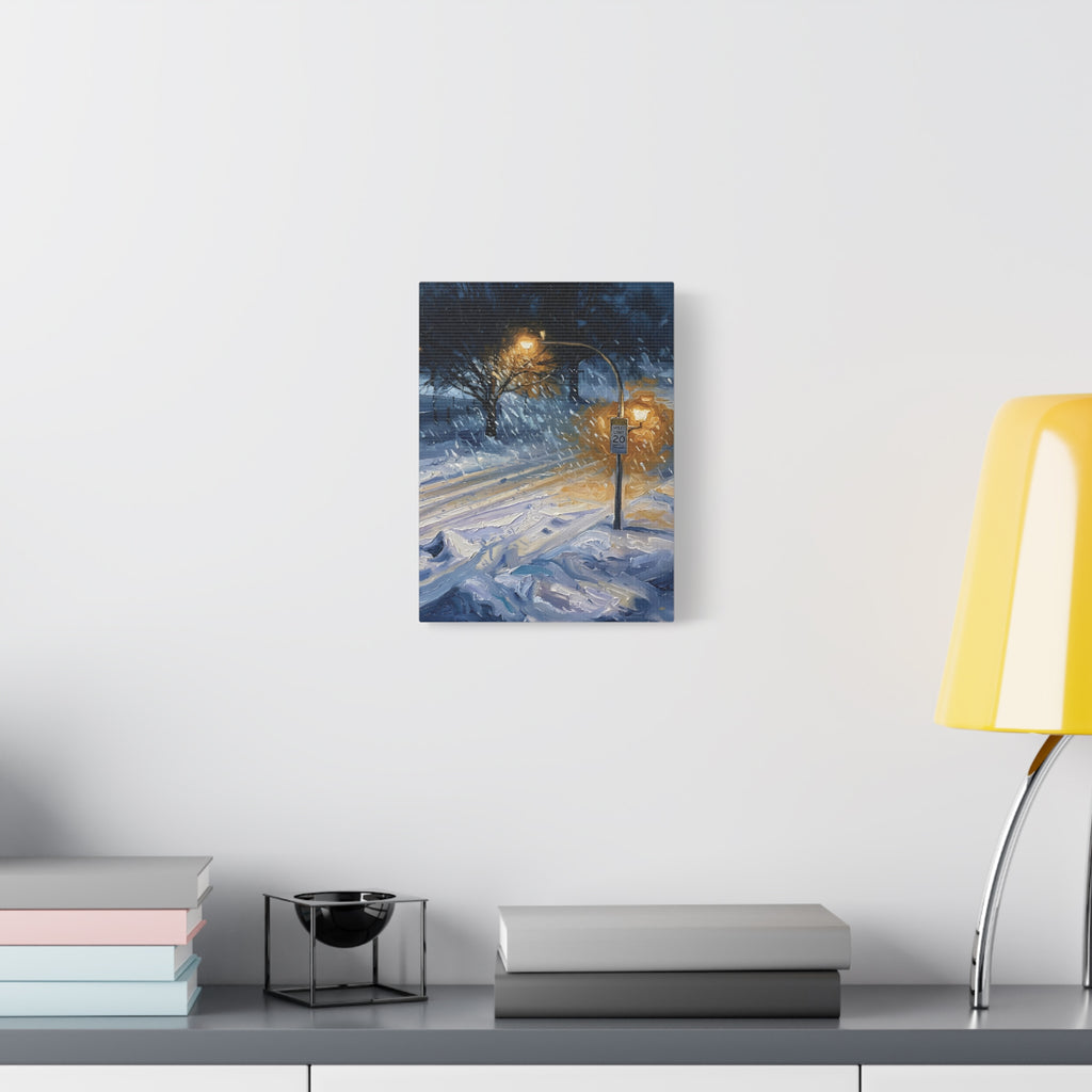 Winter Glow – Snowy Streetlight Stretched Canvas Wall Art