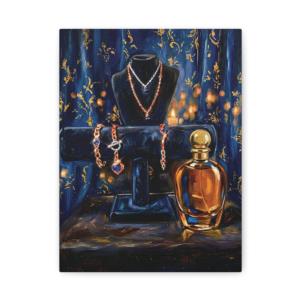 Gilded Adornment – Jewelry and Perfume Still Life Stretched Canvas Wall Art