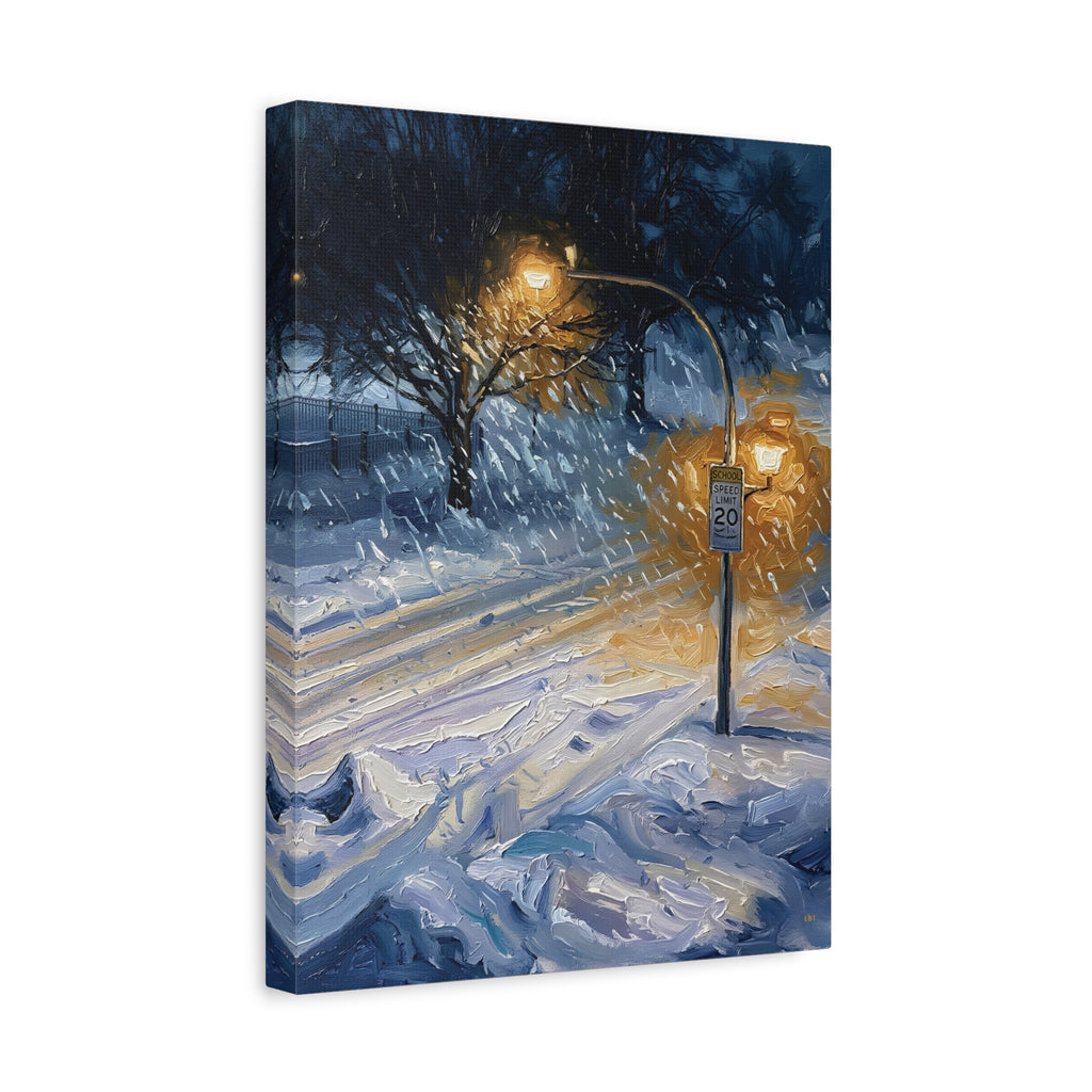 Winter Glow – Snowy Streetlight Stretched Canvas Wall Art