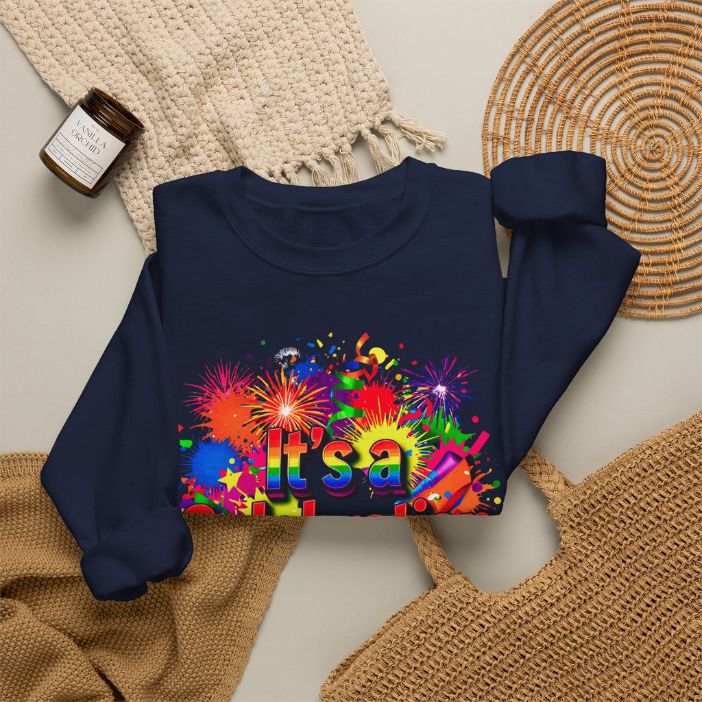 Celebration Crewneck Sweatshirt — "It's a Celebration" Colorful Party Graphic