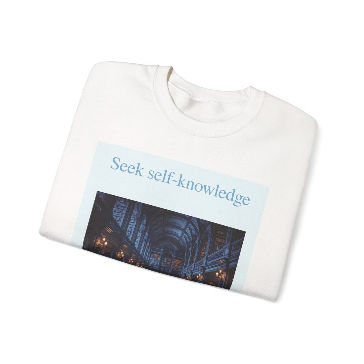 Crewneck Sweatshirt — "Seek Self-Knowledge" Library Photo Graphic