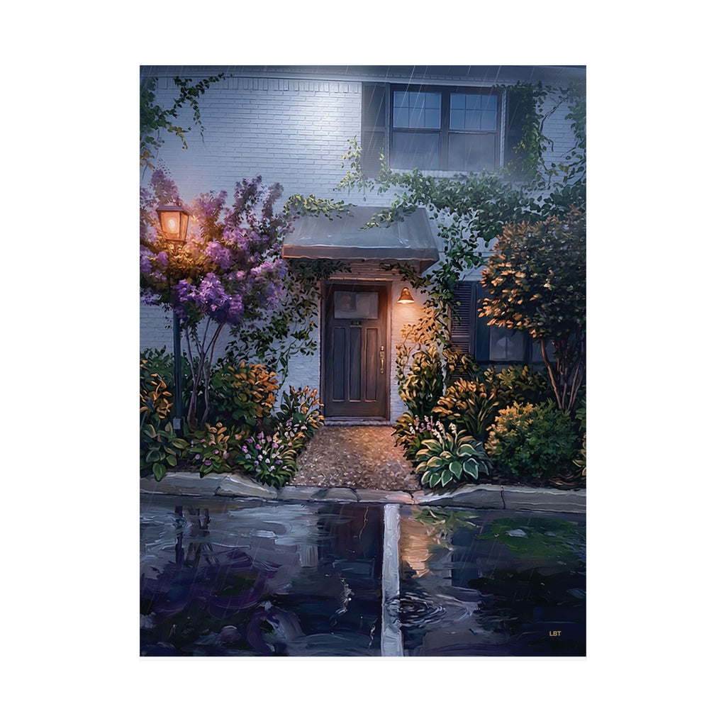 Lantern in the Rain – Misty House Wall Art Poster