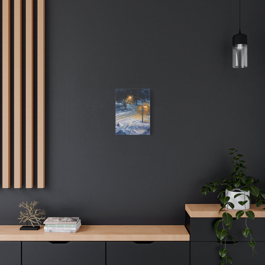 Winter Glow – Snowy Streetlight Stretched Canvas Wall Art