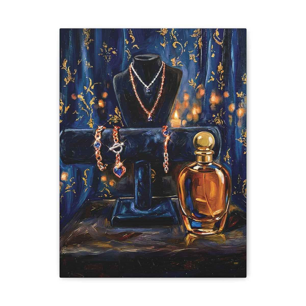 Gilded Adornment – Jewelry and Perfume Still Life Stretched Canvas Wall Art