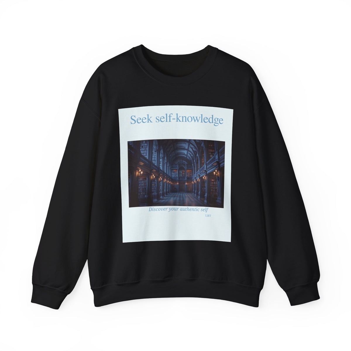 Crewneck Sweatshirt — "Seek Self-Knowledge" Library Photo Graphic