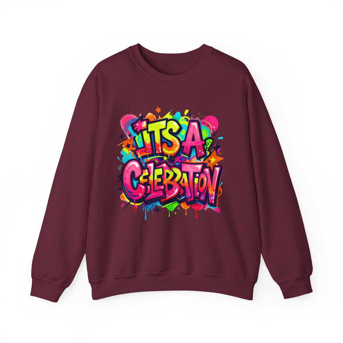 Crewneck Sweatshirt — Colorful "It's A Celebration" Graffiti Design