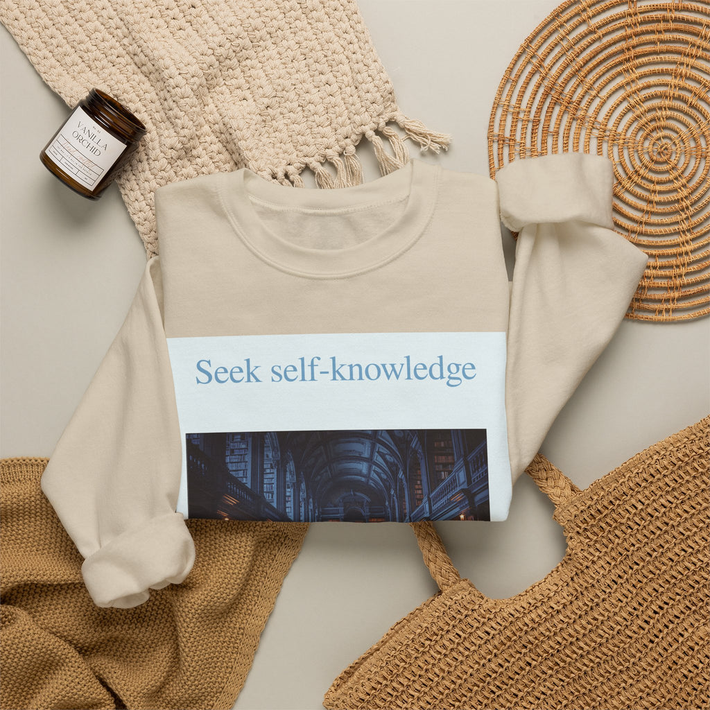 Crewneck Sweatshirt — "Seek Self-Knowledge" Library Photo Graphic