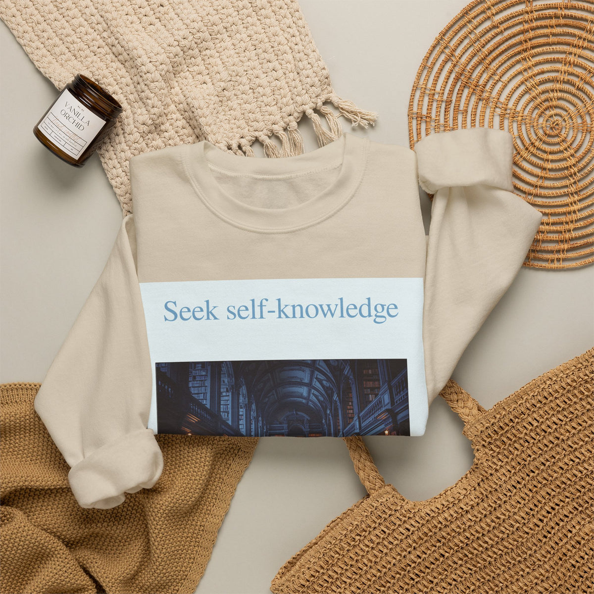 Crewneck Sweatshirt — "Seek Self-Knowledge" Library Photo Graphic