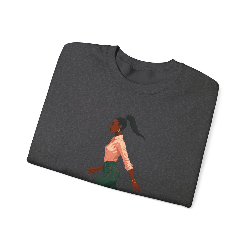 Crewneck Sweatshirt — Chic Walking Woman Graphic, Casual Everyday Pullover