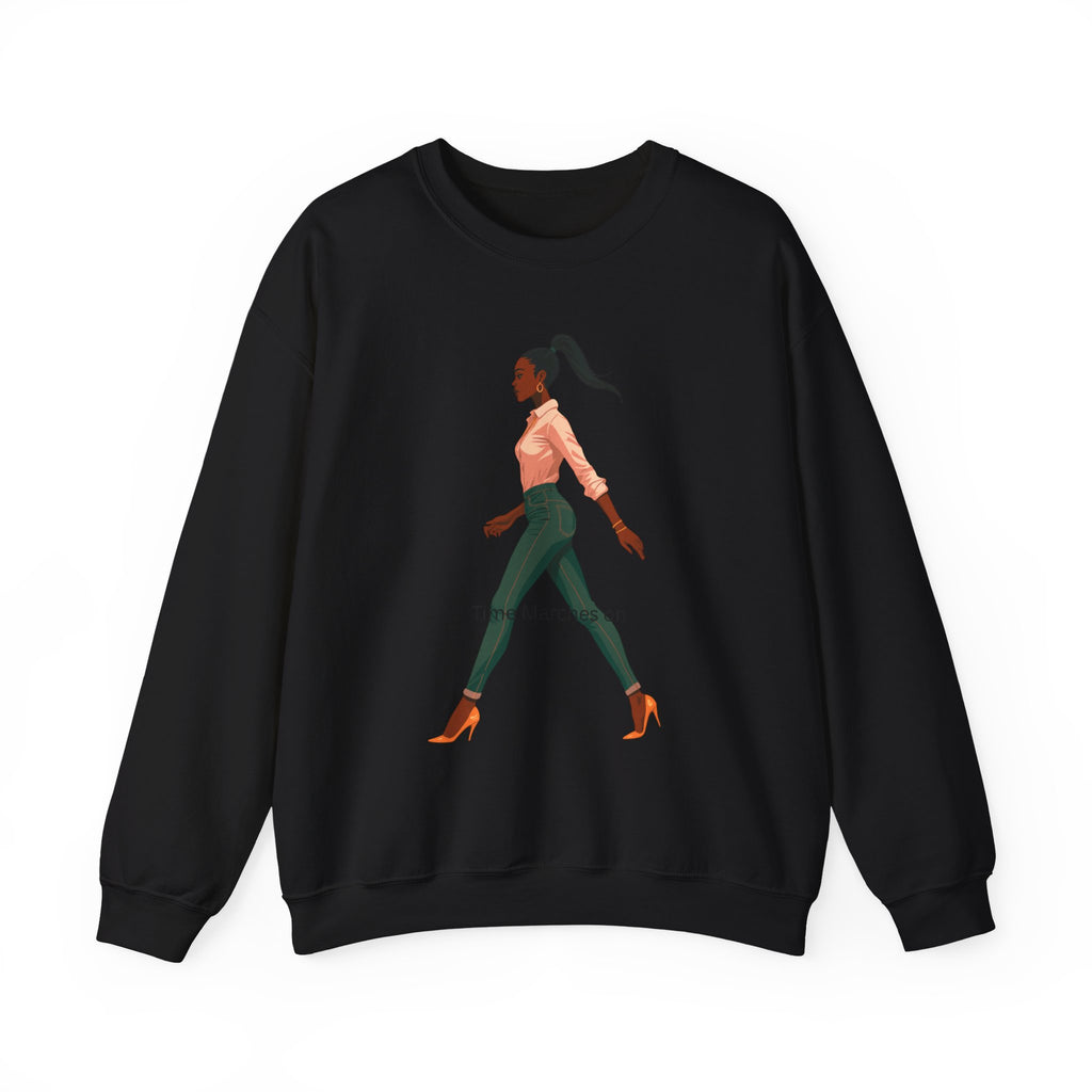 Crewneck Sweatshirt — Chic Walking Woman Graphic, Casual Everyday Pullover