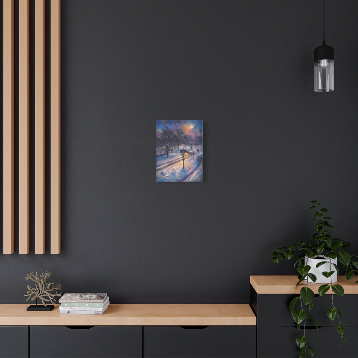 Moonlit Crossing – Snowy Street Stretched Canvas Wall Art