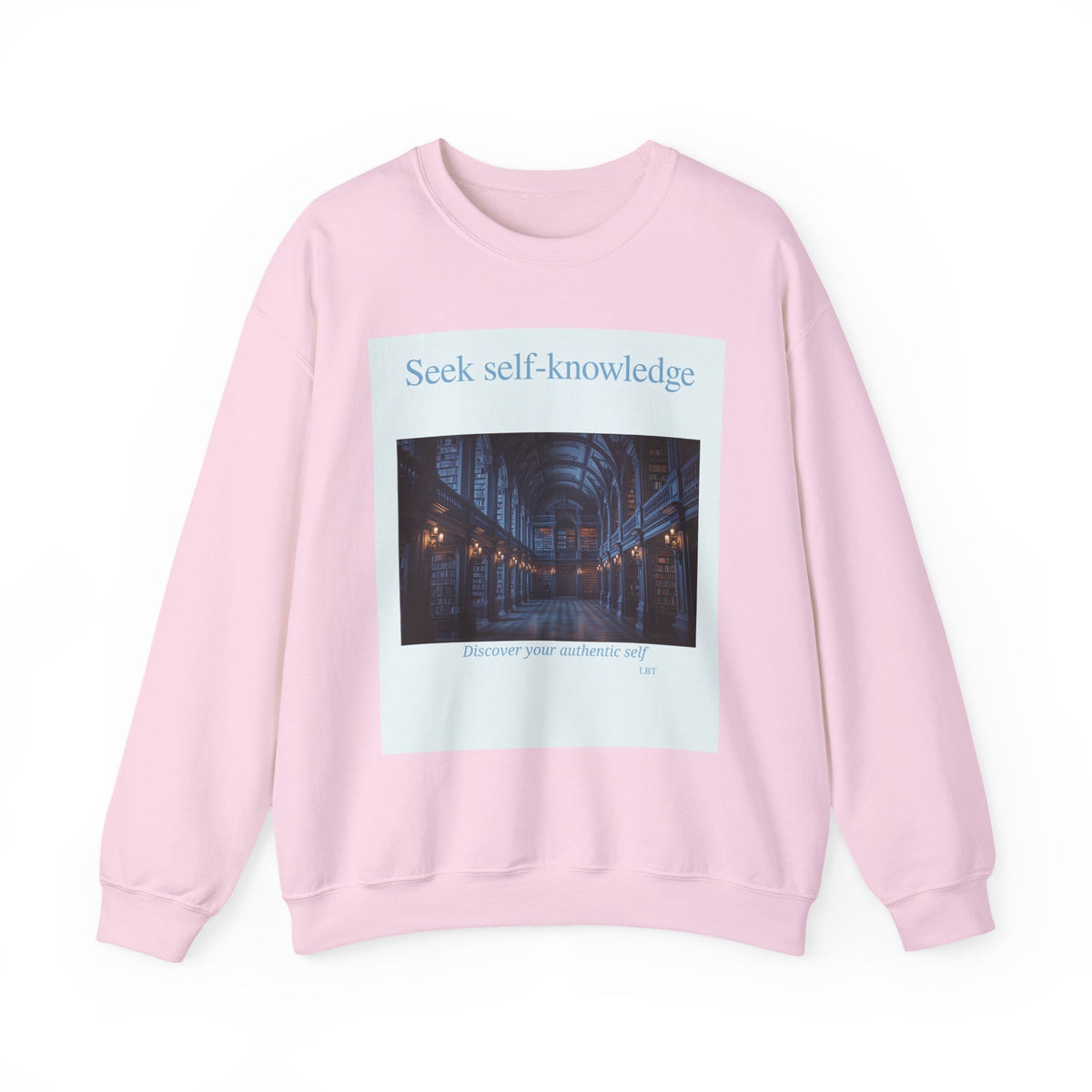 Crewneck Sweatshirt — "Seek Self-Knowledge" Library Photo Graphic
