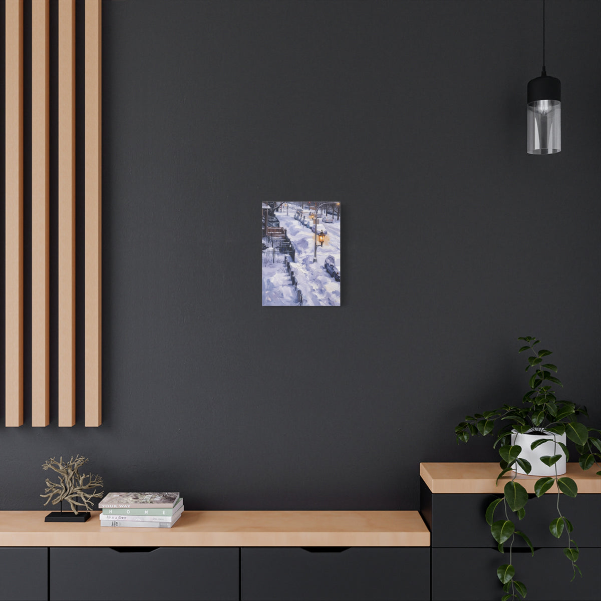 Winter Passage – Snowy Street Stretched Canvas Wall Art