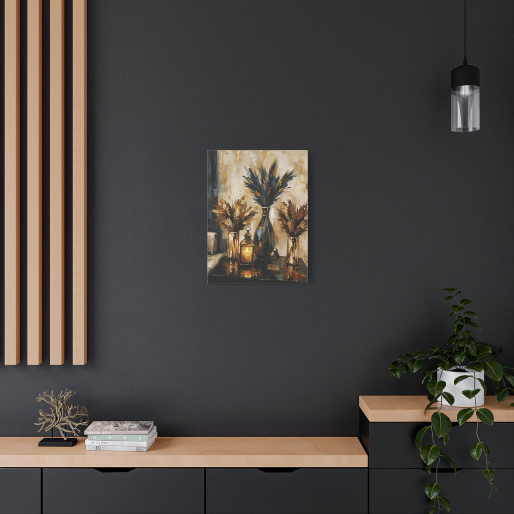Blue and Amber Harmony – Pampas Still Life Stretched Canvas Wall Art