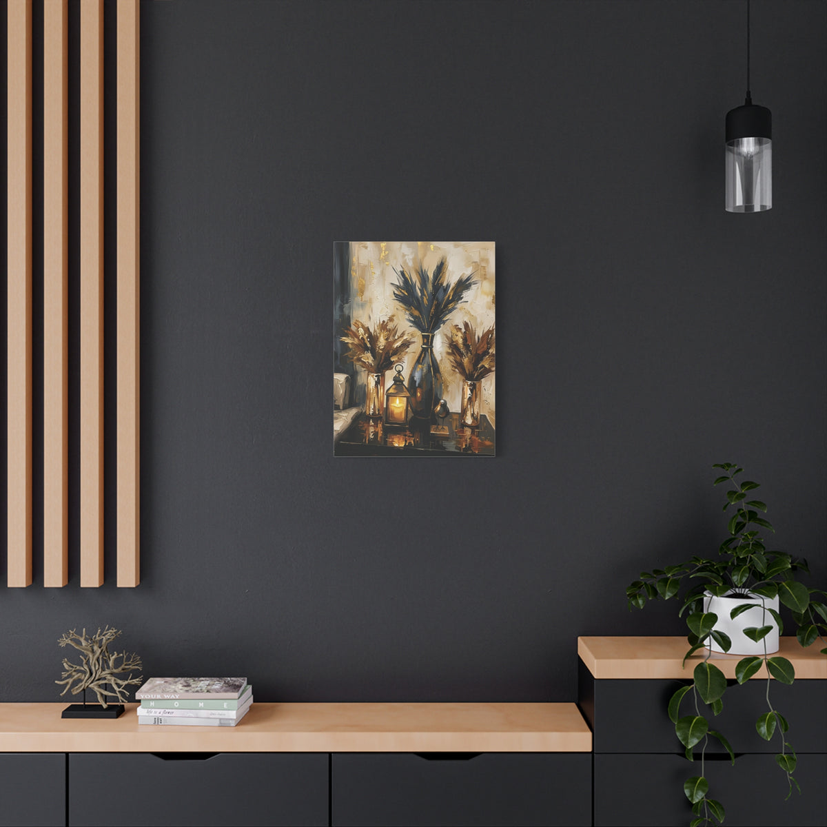 Blue and Amber Harmony – Pampas Still Life Stretched Canvas Wall Art