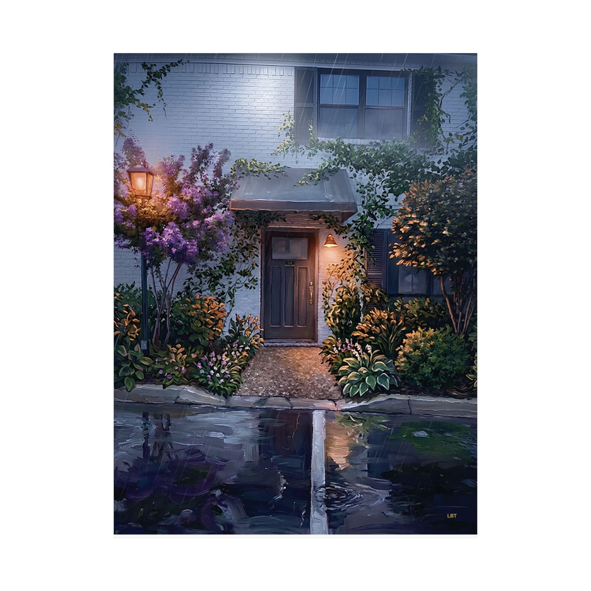 Lantern in the Rain – Misty House Wall Art Poster