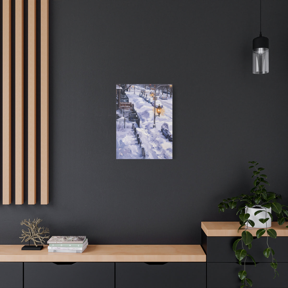 Winter Passage – Snowy Street Stretched Canvas Wall Art