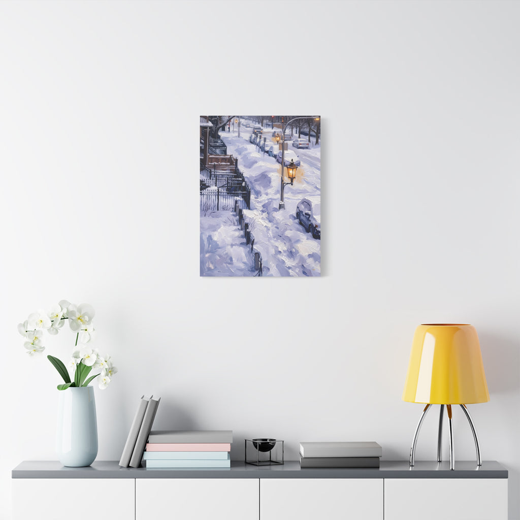 Winter Passage – Snowy Street Stretched Canvas Wall Art