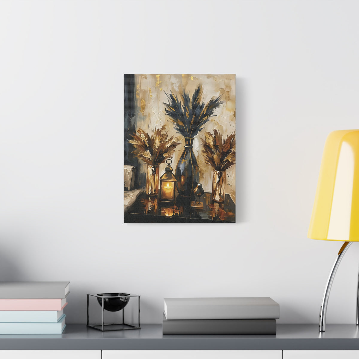 Blue and Amber Harmony – Pampas Still Life Stretched Canvas Wall Art