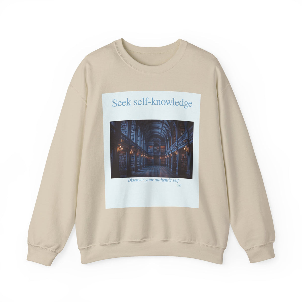 Crewneck Sweatshirt — "Seek Self-Knowledge" Library Photo Graphic