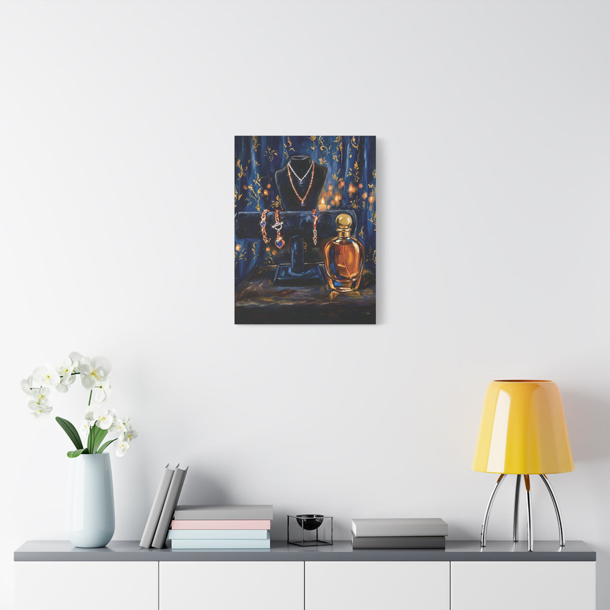 Gilded Adornment – Jewelry and Perfume Still Life Stretched Canvas Wall Art