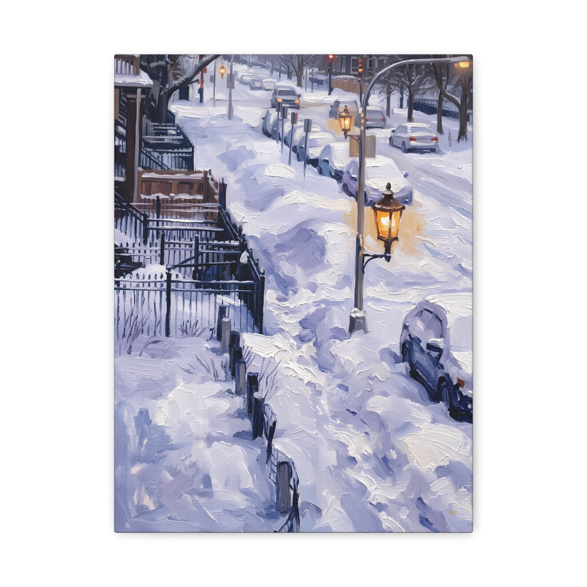 Winter Passage – Snowy Street Stretched Canvas Wall Art