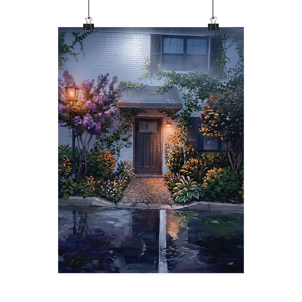 Lantern in the Rain – Misty House Wall Art Poster