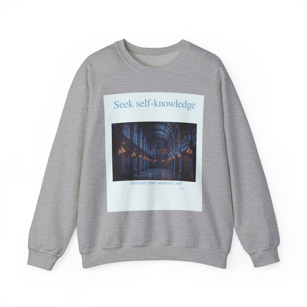 Crewneck Sweatshirt — "Seek Self-Knowledge" Library Photo Graphic