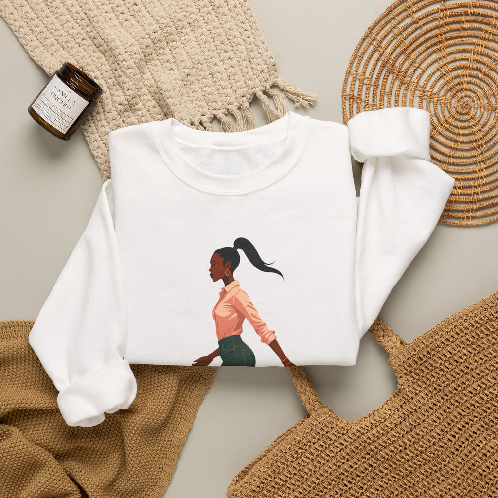 Crewneck Sweatshirt — Chic Walking Woman Graphic, Casual Everyday Pullover