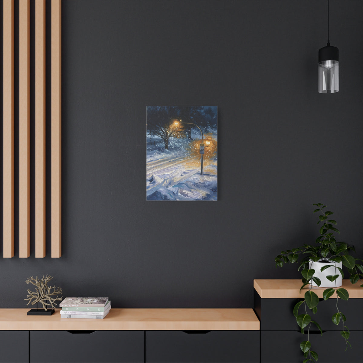 Winter Glow – Snowy Streetlight Stretched Canvas Wall Art