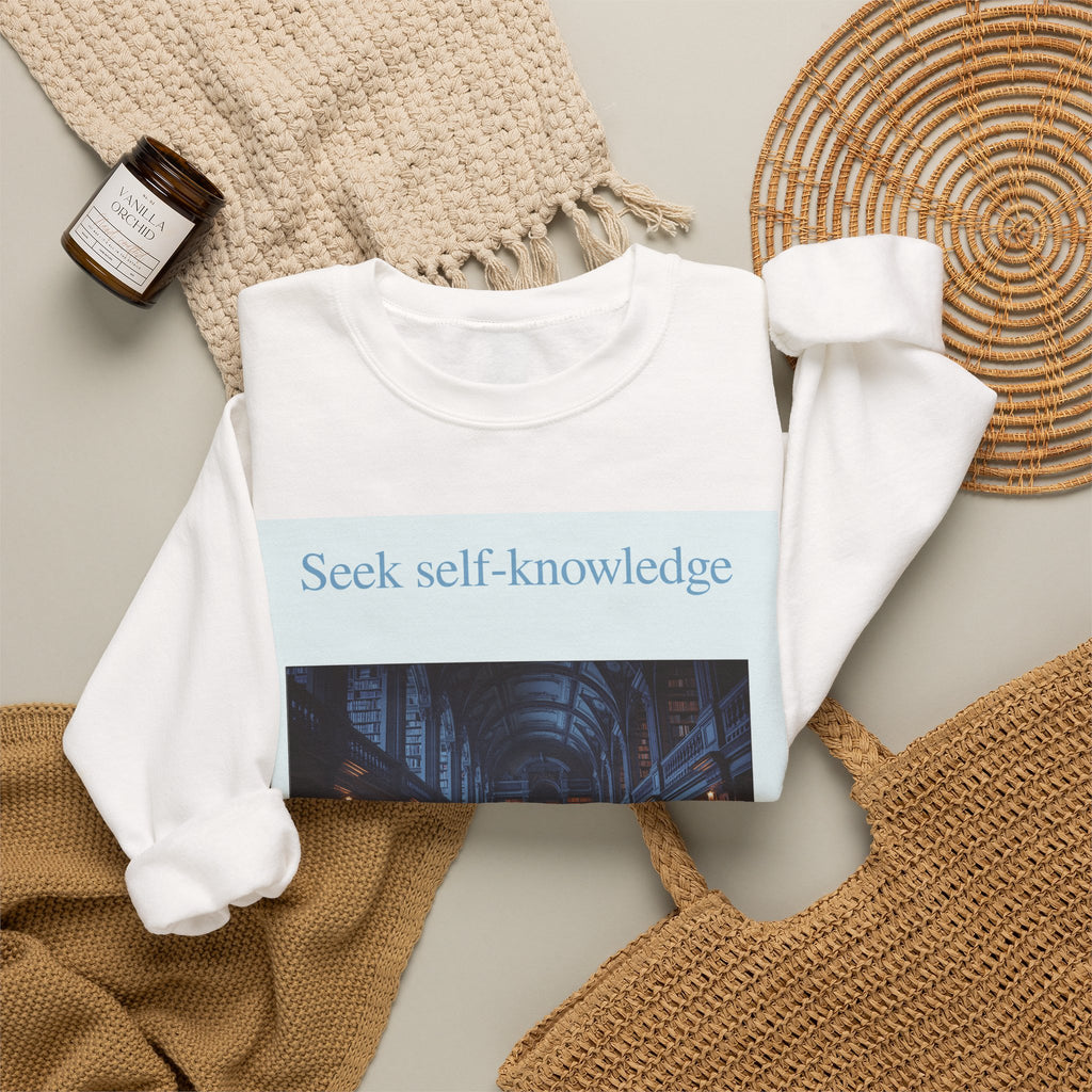Crewneck Sweatshirt — "Seek Self-Knowledge" Library Photo Graphic